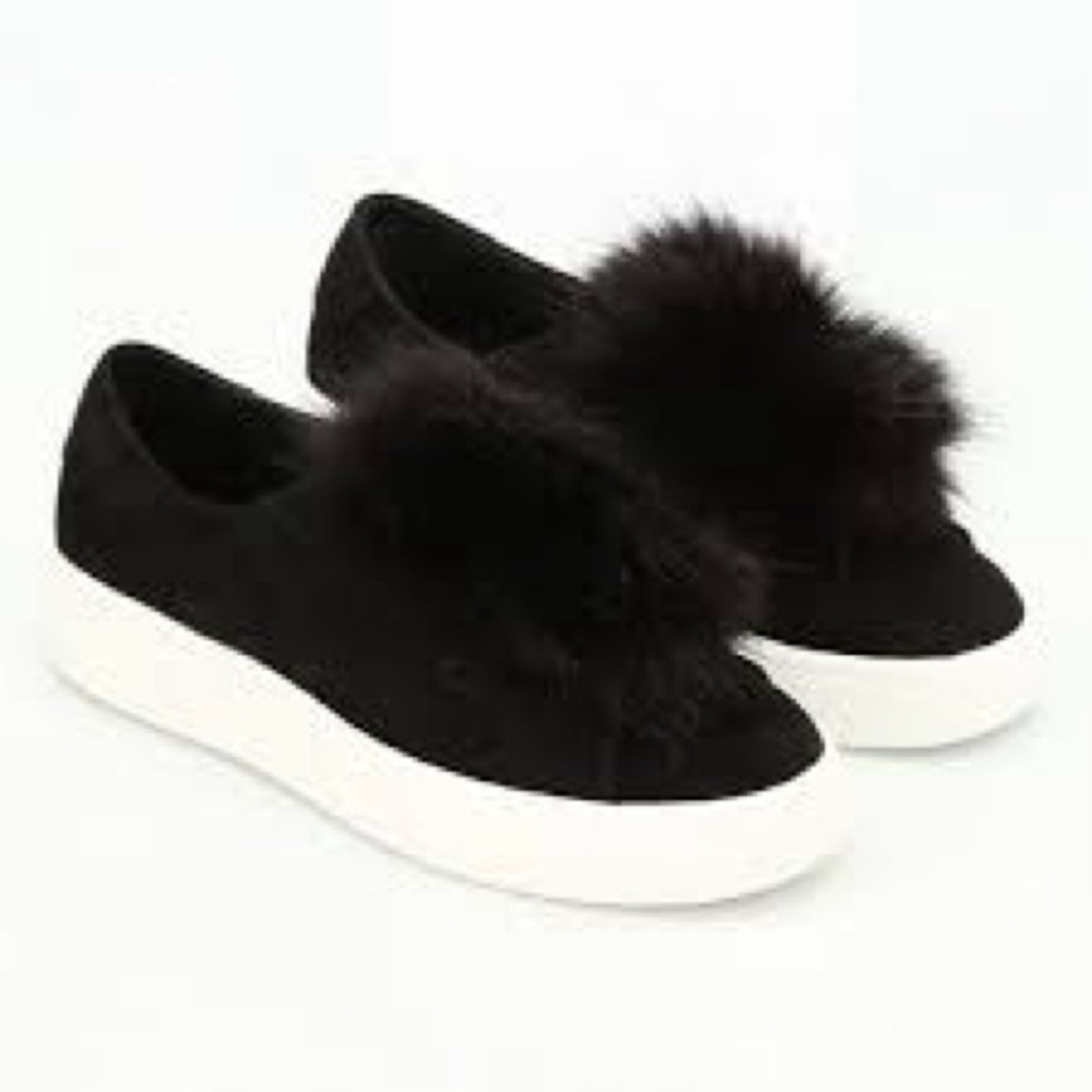 Steve Madden Black Fur Pom Pom Loafers
